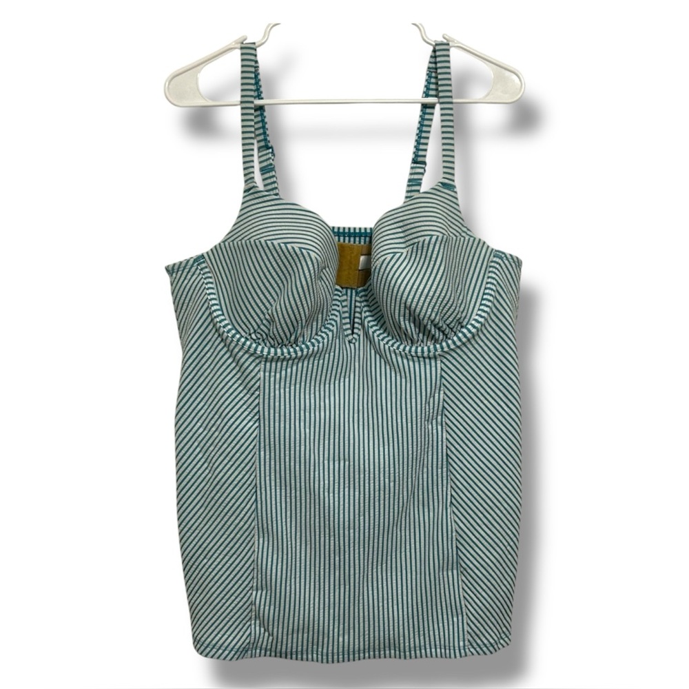Cacique Swim Balconette Tankini Top 40D Blue White Striped Seersucker Underwire